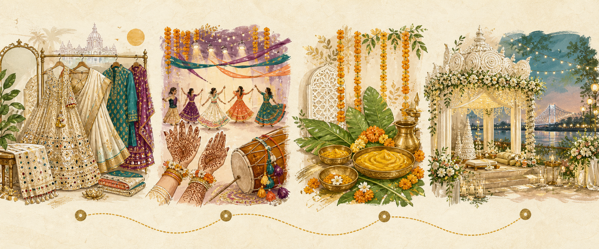 Illustrated journey from wedding clothing and mehendi to haldi and the reception pavilion